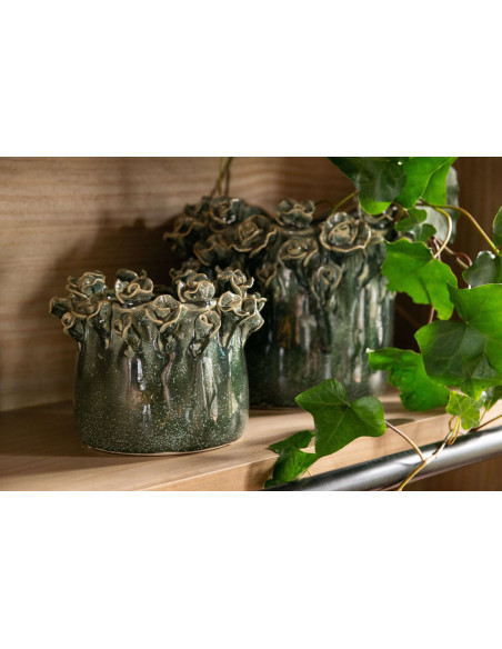 Cache-pot roses en relief céramique bleu pétrole 18 cm Deruta