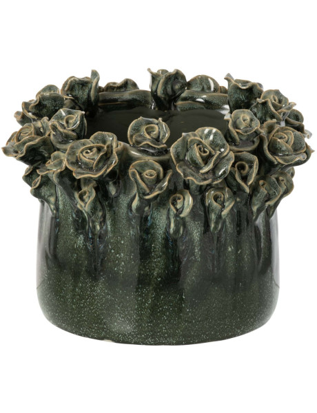 Grand cache-pot roses en relief céramique bleu pétrole 25...