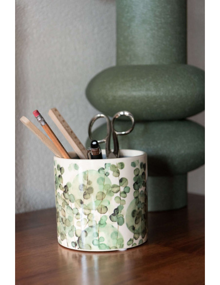 Petit cache-pot céramique écru feuillage vert 11,7 cm Monção