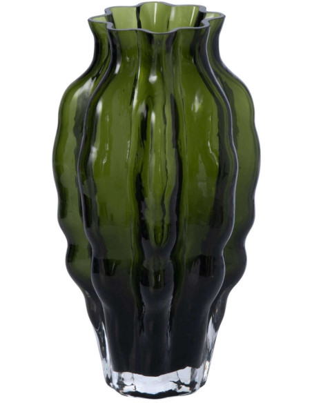 Vase en verre vert olive strié 13x13x24 cm Biot