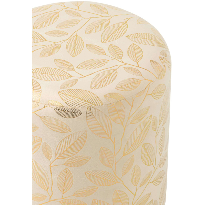 Pouf rond écru à motif feuillage doré...