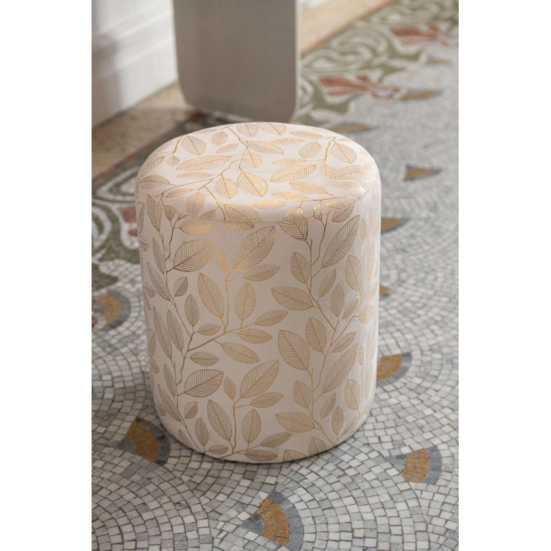 Pouf rond écru à motif feuillage doré...