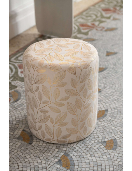 Pouf rond écru à motif feuillage doré 36x36x41 cm Nardo