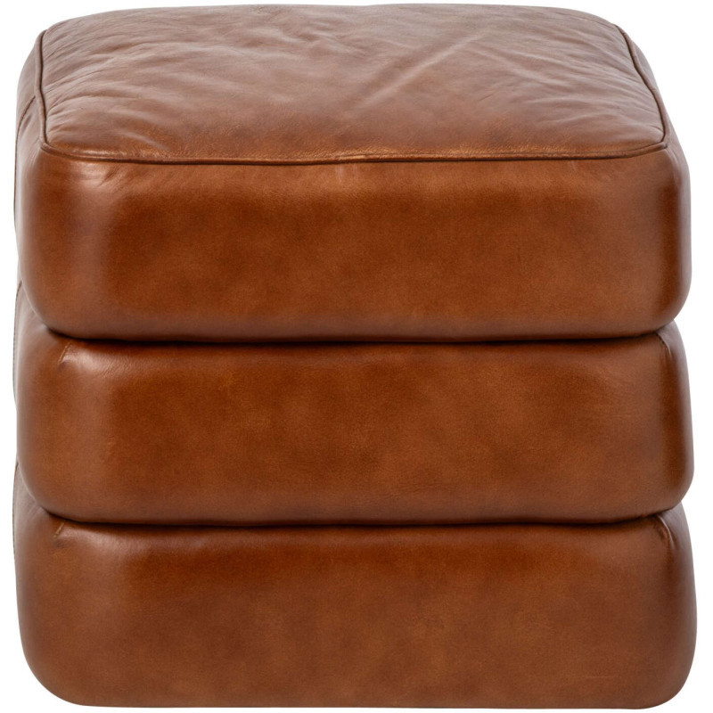 Pouf carré en cuir véritable camel...