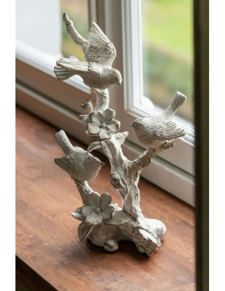 Statue oiseaux sur branche fleurie en argile peinte 37,5 cm Comacchio
