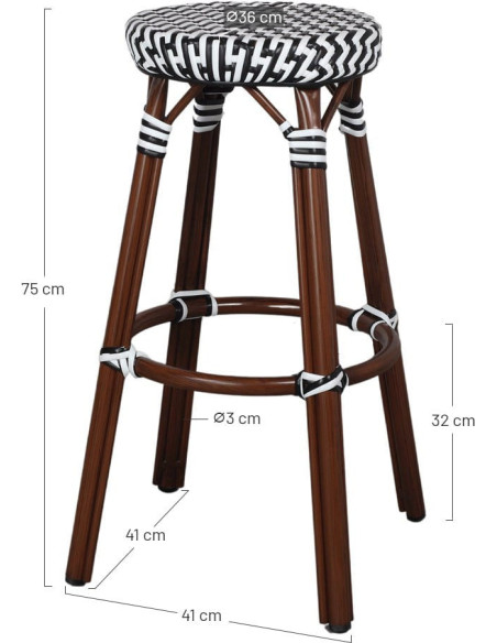 Tabouret de bar extérieur rotin synthétique noir et blanc 41x41x75 cm Lovran