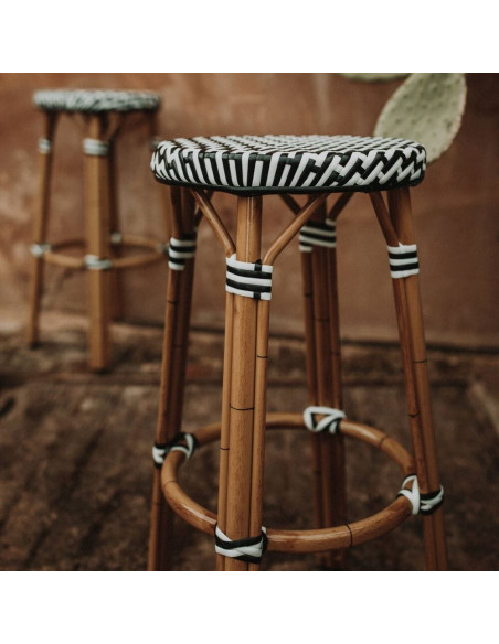 Tabouret de bar extérieur rotin synthétique noir et blanc 41x41x75 cm Lovran