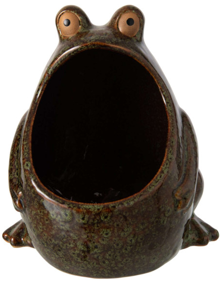 Grand cache-pot grenouille en grès vert brun 17x16x20 cm Bomarzo