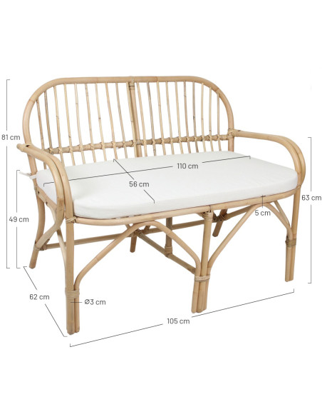 Banc banquette rotin naturel coussin blanc 110x75x81 cm Teguise