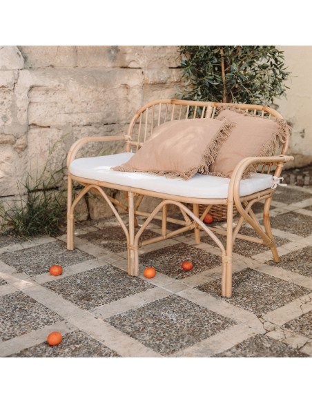 Banc banquette rotin naturel coussin blanc 110x75x81 cm Teguise
