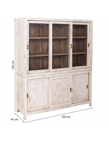 Vitrine vaisselier manguier blanc patiné 160x45x190 cm Valderrobres