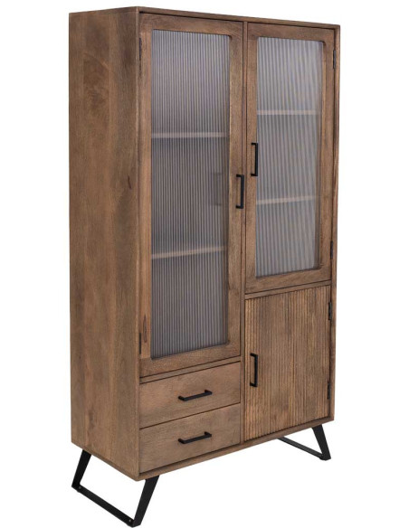 Vitrine industrielle 3 portes bois de manguier verre strié 90x40x170 cm Sestao