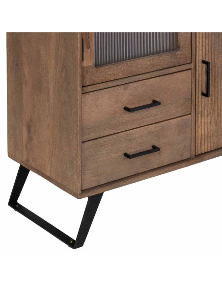 Vitrine industrielle 3 portes bois de manguier verre strié 90x40x170 cm Sestao