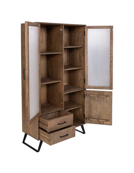 Vitrine industrielle 3 portes bois de manguier verre strié 90x40x170 cm Sestao