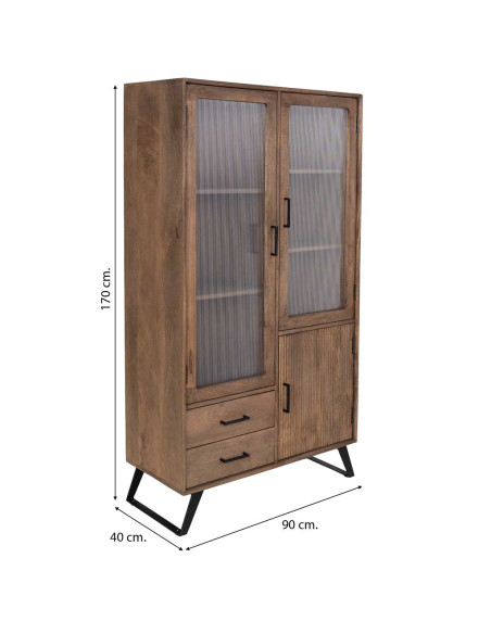 Vitrine industrielle 3 portes bois de manguier verre strié 90x40x170 cm Sestao