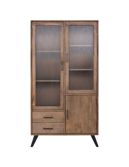 Vitrine industrielle 3 portes bois de manguier verre strié 90x40x170 cm Sestao