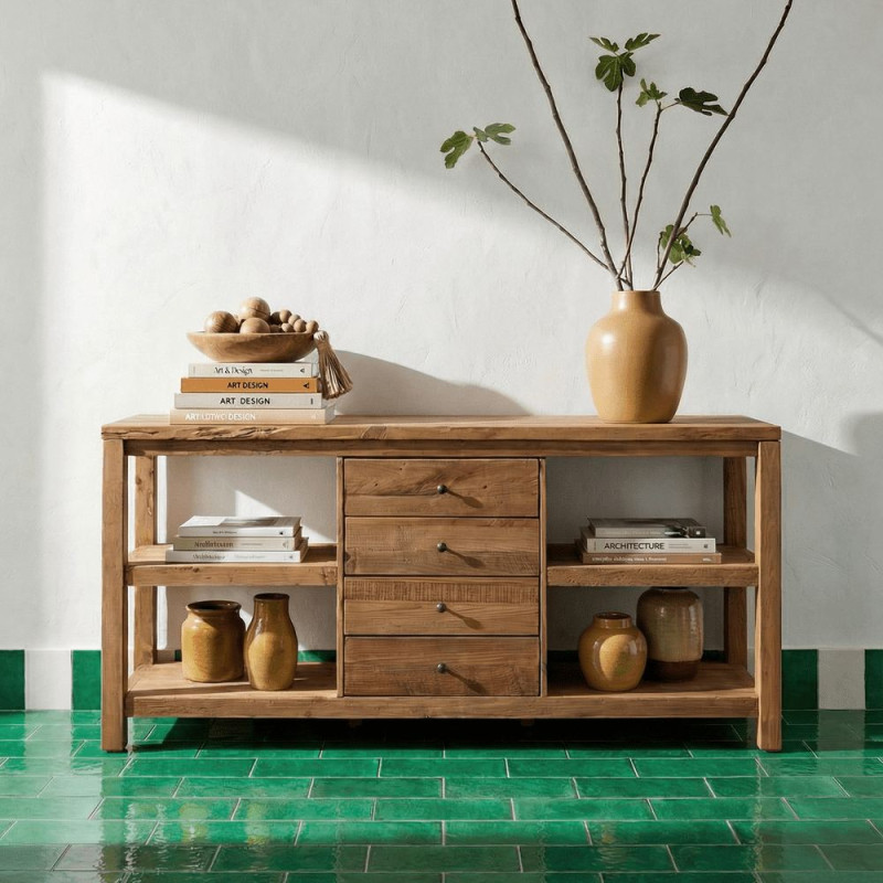 Buffet bois recyclé brun naturel 4 tiroirs 112x40x90 cm Anento  - 2