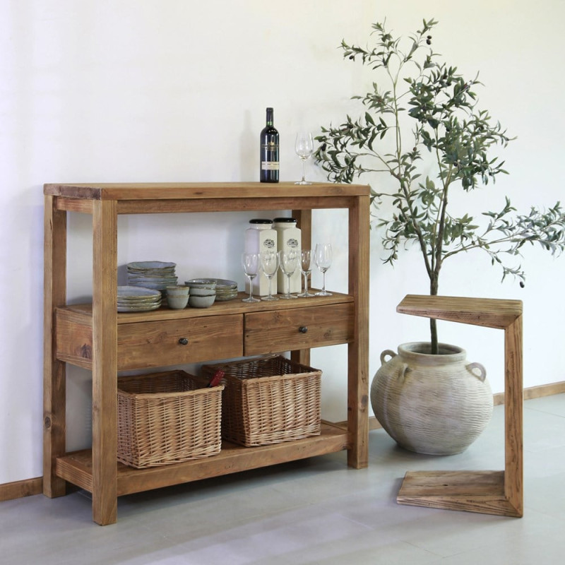 Buffet haut bois recyclé naturel 2 tiroirs 120x40x111 cm Miravet  - 2