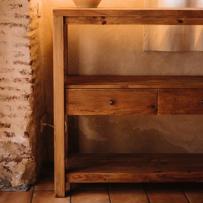 Buffet haut bois recyclé naturel 2 tiroirs 120x40x111 cm Miravet  - 7