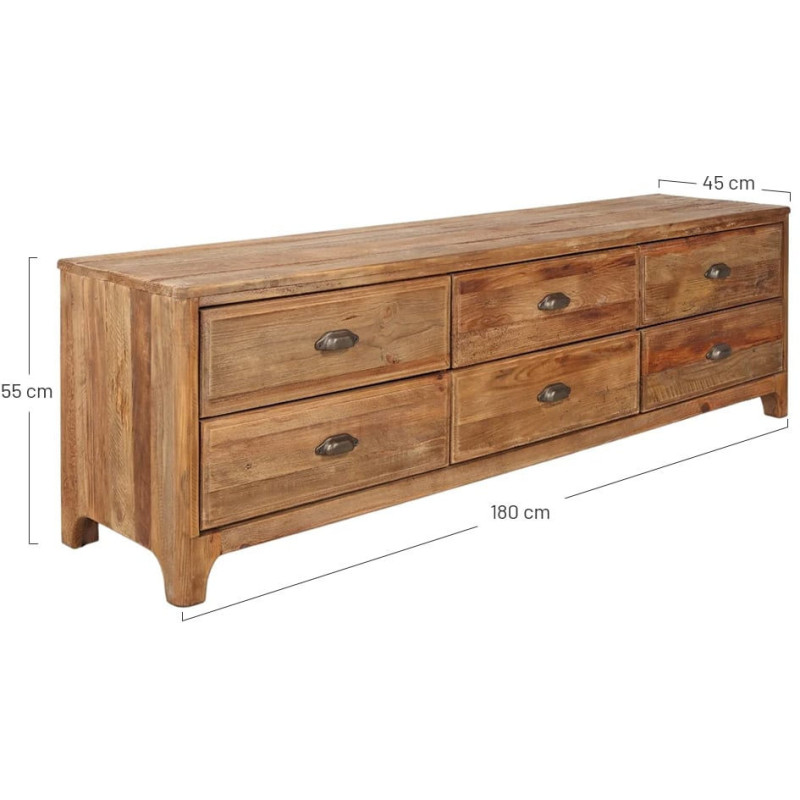 Meuble TV pin recyclé brun naturel 6 tiroirs 180x45x55 cm Guastalla  - 5