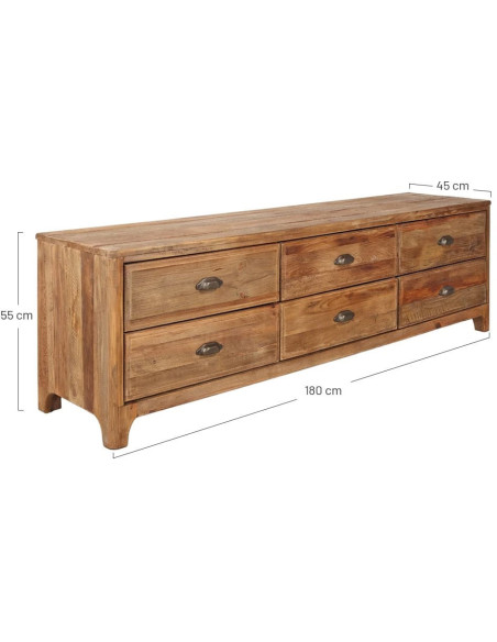 Meuble TV pin recyclé brun naturel 6 tiroirs 180x45x55 cm Guastalla  - 5