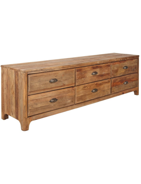 Meuble TV pin recyclé brun naturel 6 tiroirs 180x45x55 cm Guastalla  - 1