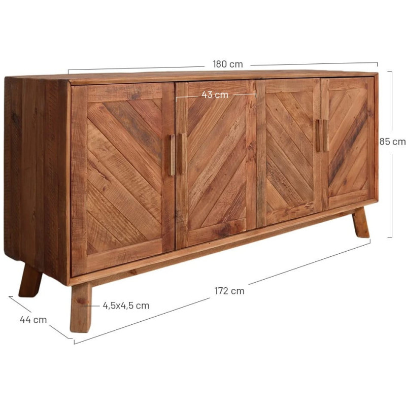 Buffet bois recyclé 4 portes chevrons 180x48x85 cm Dozza  - 6