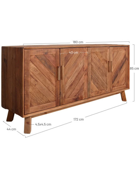 Buffet bois recyclé 4 portes chevrons 180x48x85 cm Dozza  - 6