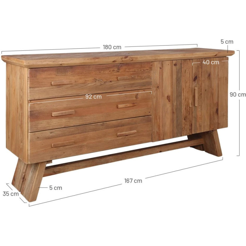 Buffet bois recyclé naturel 3 tiroirs 2 portes 130x46x90 cm Fosdinovo  - 7