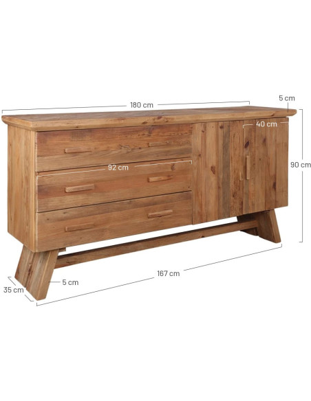 Buffet bois recyclé naturel 3 tiroirs 2 portes 130x46x90 cm Fosdinovo  - 7
