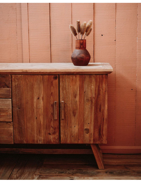 Buffet bois recyclé naturel 3 tiroirs 2 portes 130x46x90 cm Fosdinovo  - 8