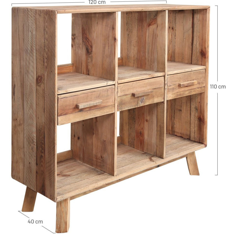 Bibliothèque basse bois recyclé naturel 3 tiroirs 120x40x110 cm Kuressaare  - 6