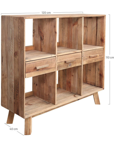 Bibliothèque basse bois recyclé naturel 3 tiroirs 120x40x110 cm Kuressaare  - 6