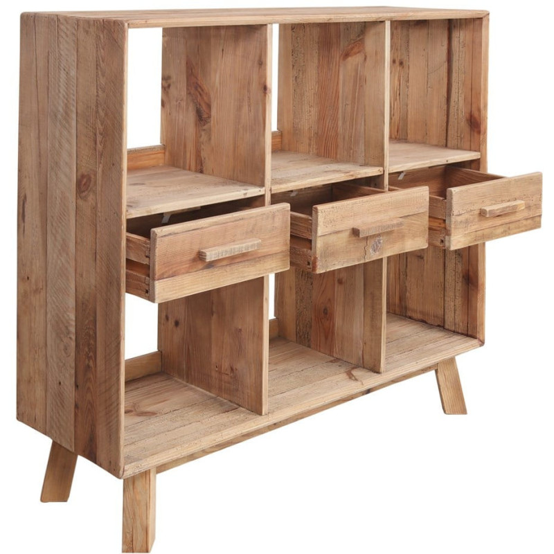 Bibliothèque basse bois recyclé naturel 3 tiroirs 120x40x110 cm Kuressaare  - 4