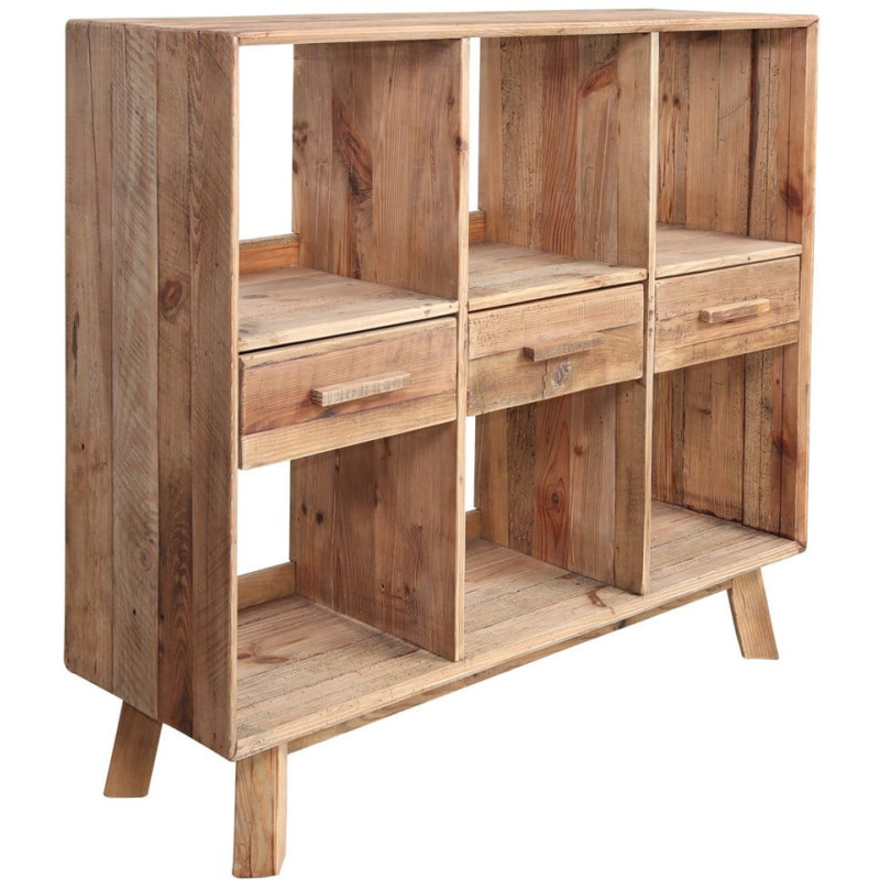 Bibliothèque basse bois recyclé naturel 3 tiroirs 120x40x110 cm Kuressaare  - 1