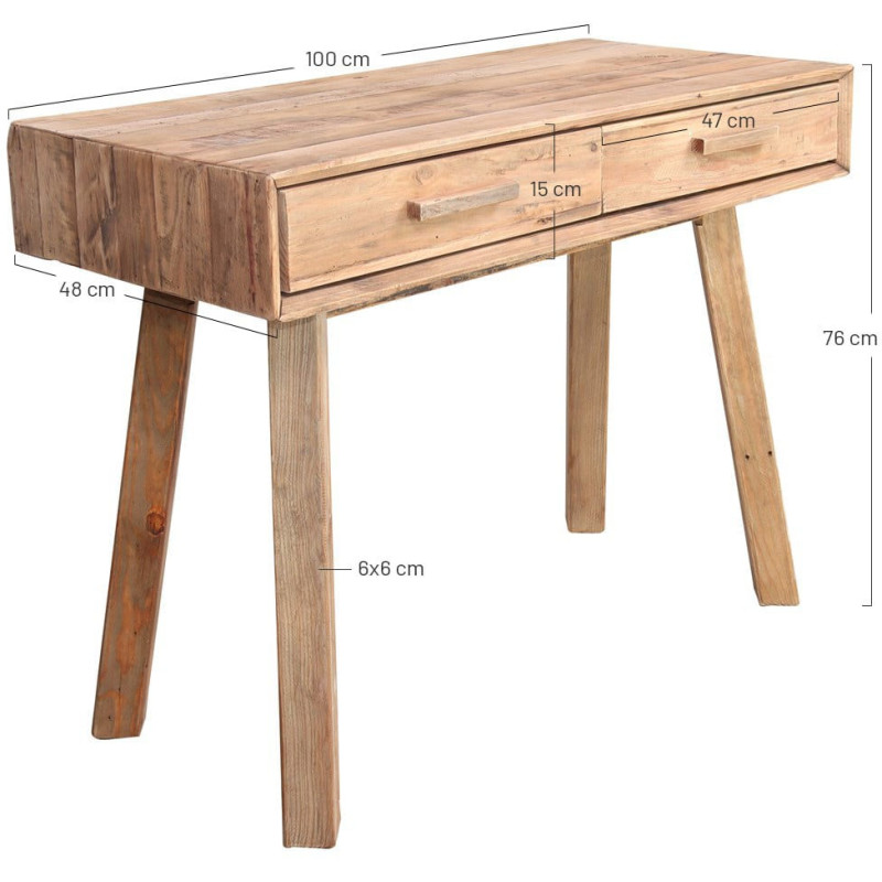 Console bureau bois recyclé naturel 2 tiroirs 100x48x76 cm Keuruu  - 6