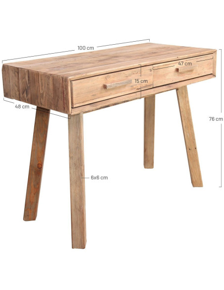 Console bureau bois recyclé naturel 2 tiroirs 100x48x76 cm Keuruu  - 6