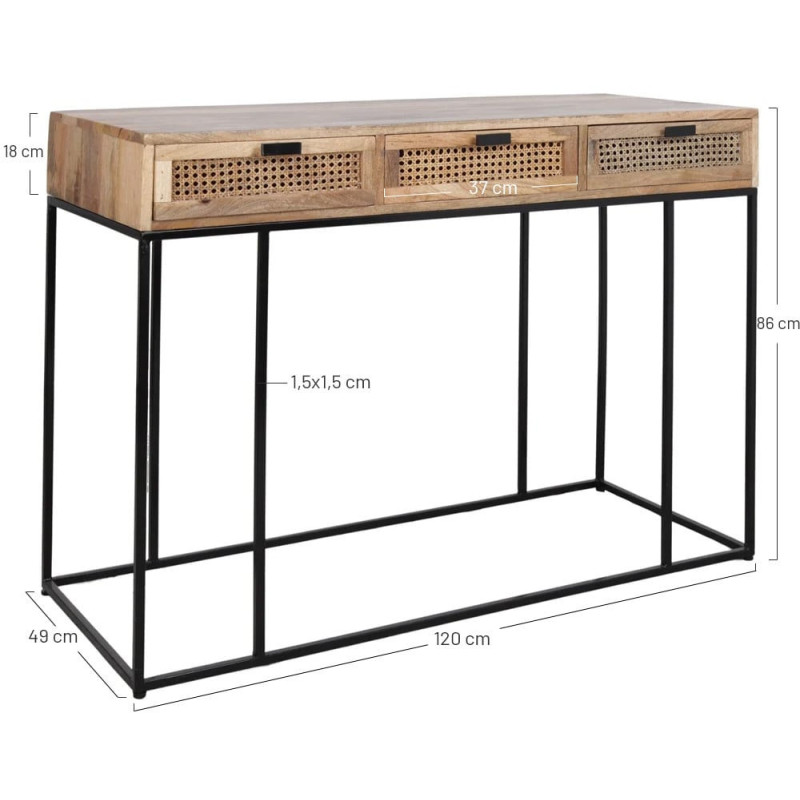 Console cannage manguier métal noir 3 tiroirs 120x49x86 cm Alenquer  - 4