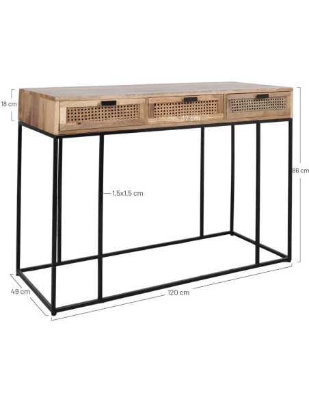 Console cannage manguier métal noir 3 tiroirs 120x49x86 cm Alenquer  - 4