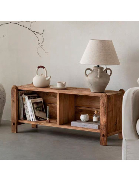 Meuble bas bois recyclé brun naturel 2 compartiments 100x36x46 cm Sortelha  - 2