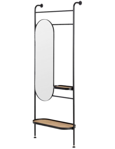 Miroir d’entrée avec étagères bois d’hévéa et métal noir 80x28x200 cm Combarro Ixia - 1