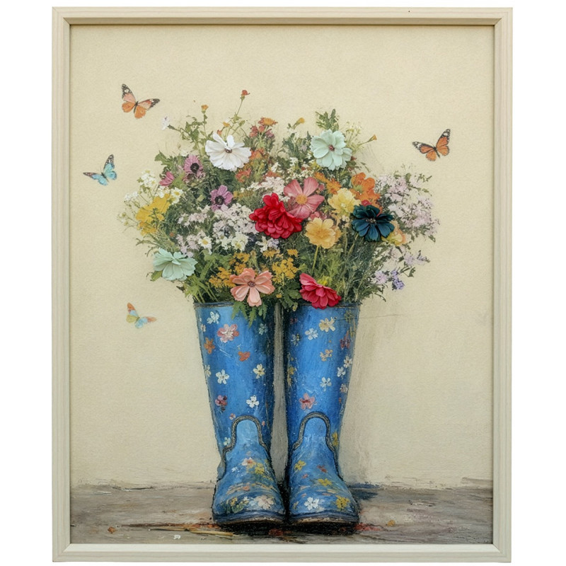 Tableau mural floral bottes bleues cadre bois 50x60 cm Chedigny  - 1