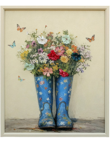 Tableau mural floral bottes bleues cadre bois 50x60 cm Chedigny  - 1