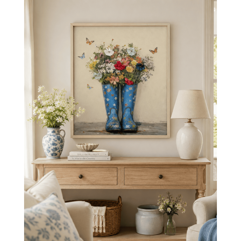 Tableau mural floral bottes bleues cadre bois 50x60 cm Chedigny  - 2