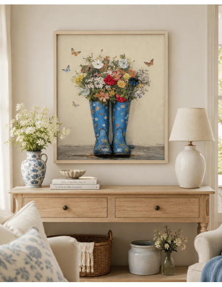 Tableau mural floral bottes bleues cadre bois 50x60 cm Chedigny  - 2