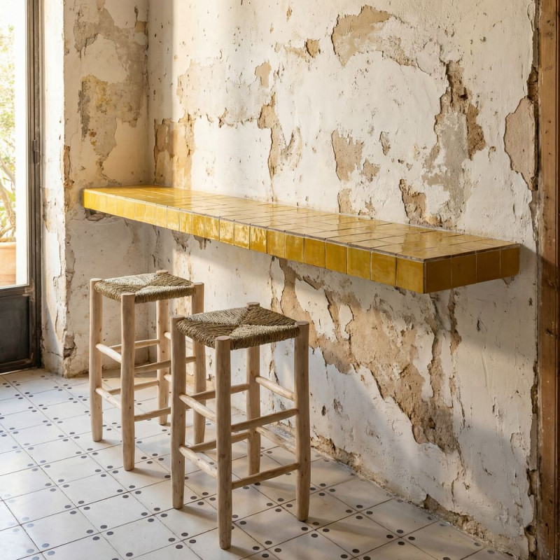 Tabouret de cuisine bois naturel assise tressée 64 cm Frigiliana  - 2