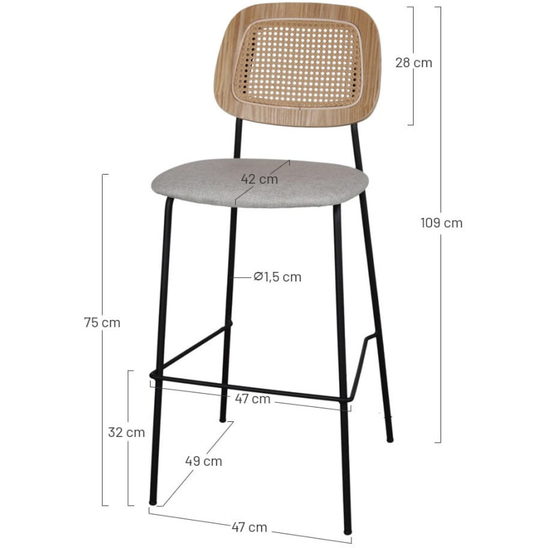 Tabouret de bar cannage tissu vert 75 cm Trosa  - 5