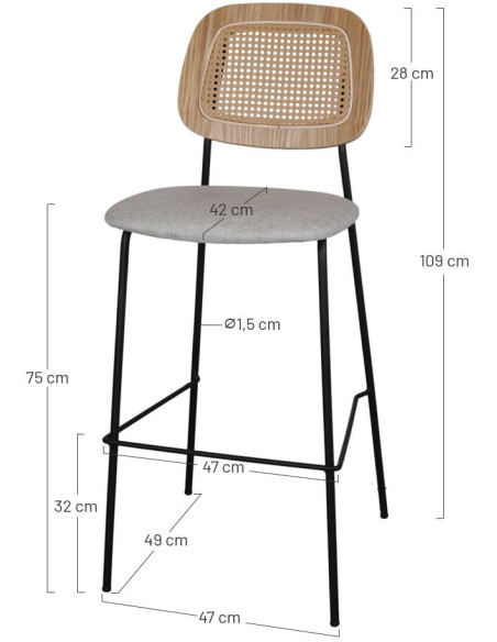 Tabouret de bar cannage tissu vert 75 cm Trosa  - 5
