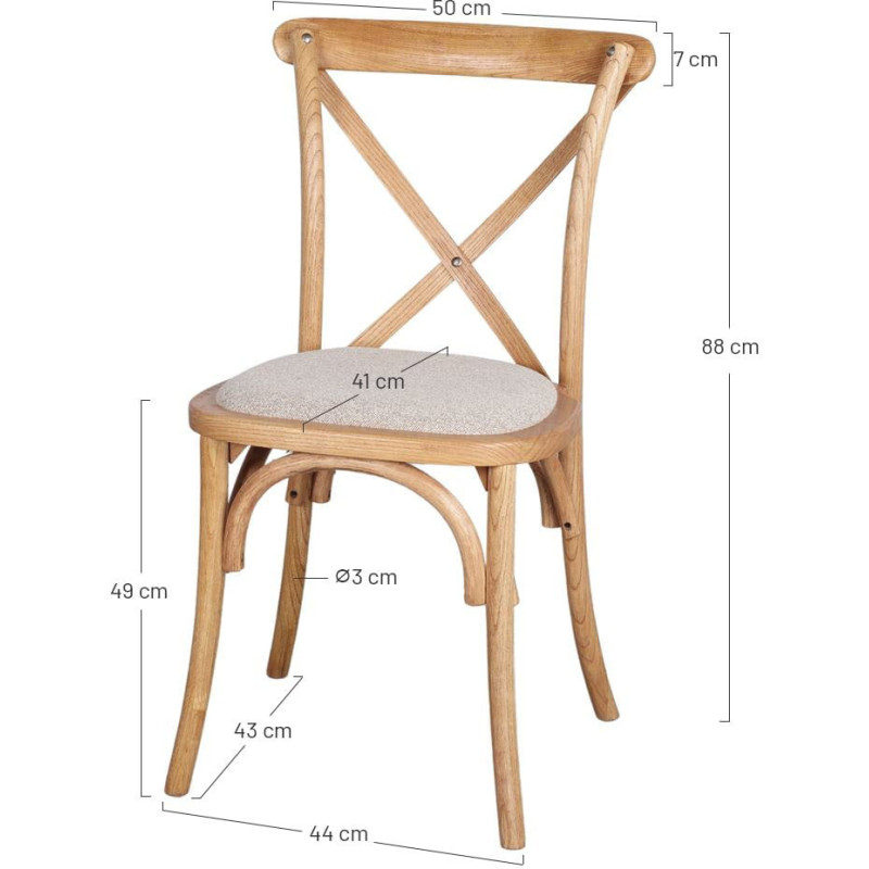Chaise bistrot bois d’orme assise tissu brun grège 50x54x88 cm Arbois  - 6
