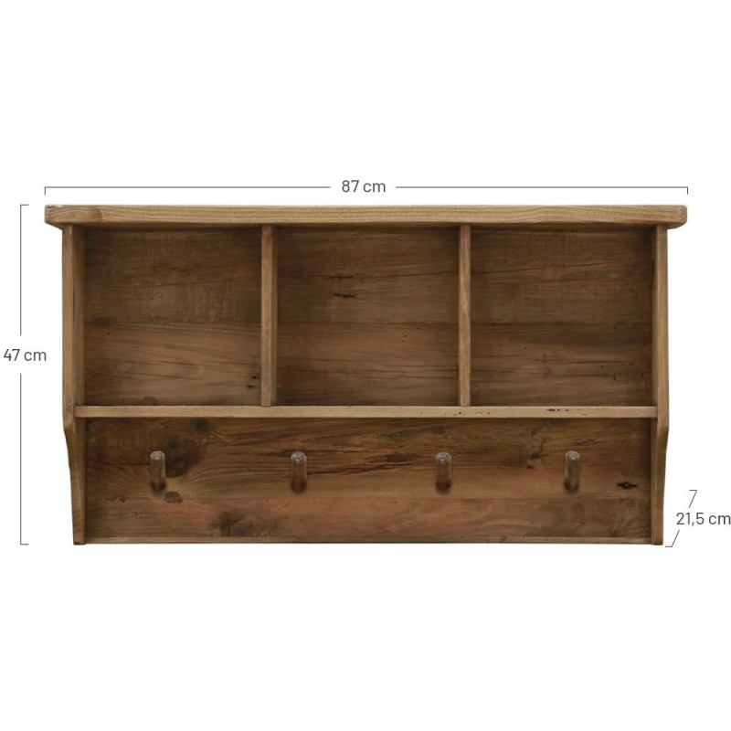 Étagère murale bois de pin ancien brun 4 patères 87x21,5x47 cm Gerace  - 5